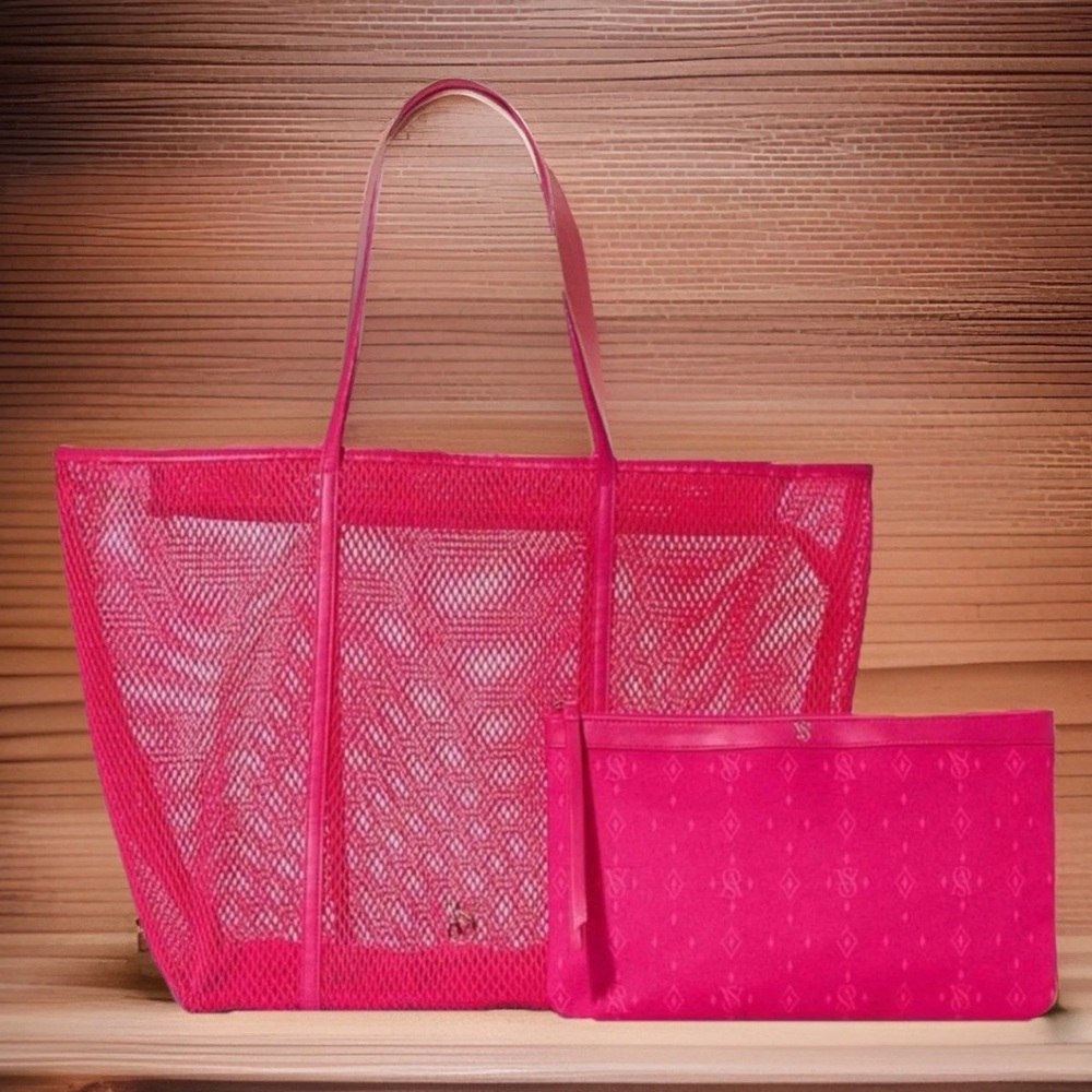 Victoria's Secret Bright Hot Pink Mesh Tote with Matching Pouch